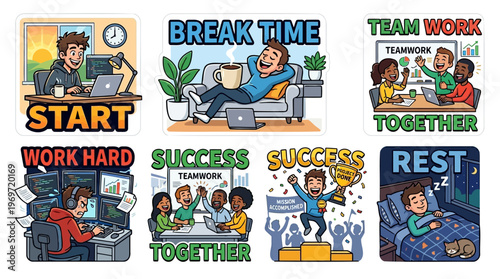 Daily Work Cycle Sticker Set with Professional Career Concept Showing Start Break Time Teamwork Together Work Hard Success and Rest for Office Employee Productivity and Project Achievement