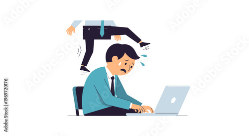 Stressed Businessman Working on Laptop with Boss Kicking Him from Above.