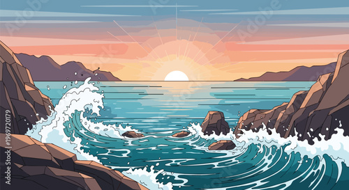 Pixel Art Ocean Sunset Landscape with Crashing Waves and Rocky Shore