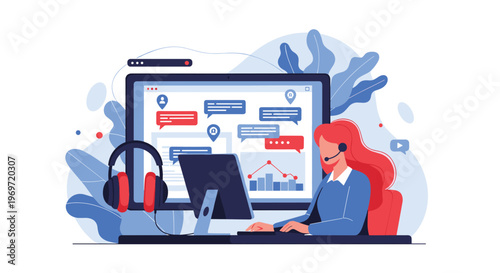 Professional female customer support agent wearing a headset works at her computer with chat bubbles and data graphs behind her.