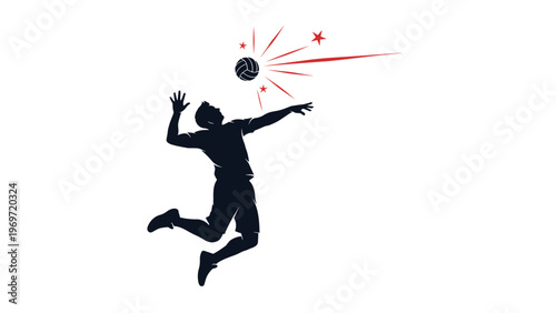 Athletic volleyball player is captured in silhouette as he jumps high into the air to perform a powerful spike against an abstract background.