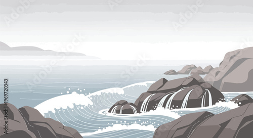 Minimalist Vector Illustration of Crashing Ocean Waves Against Coastal Rocks