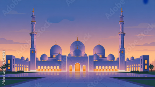 Illuminated mosque with domes and minarets at sunset islamic architecture peaceful evening scene blue and orange sky
