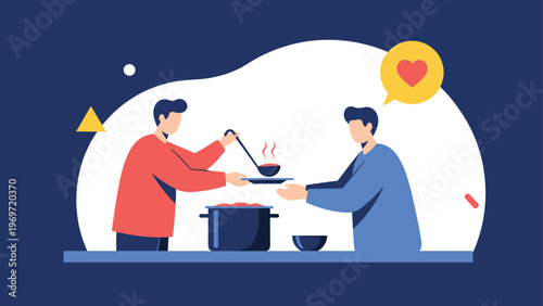 Kind man serves a bowl of hot soup to another person from a large cooking pot in a heartwarming scene of community support and sharing.