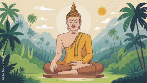 Buddha meditates peacefully in serene tropical nature landscape with palm trees and sunny sky