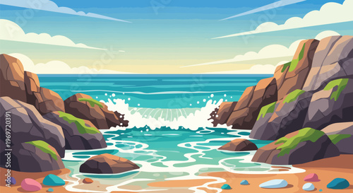 Scenic Rocky Beach Seascape with Crashing Waves and Clear Blue Water