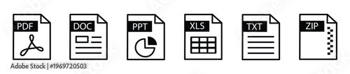Set of file format icons including PDF, DOC, PPT, XLS, TXT, and ZIP documents, isolated on transparent background.