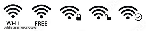 Set of wifi icons representing connectivity status free and secured access.