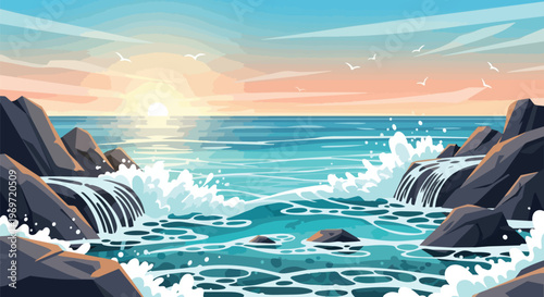 Vector Illustration of Rocky Seashore at Sunset with Crashing Waves