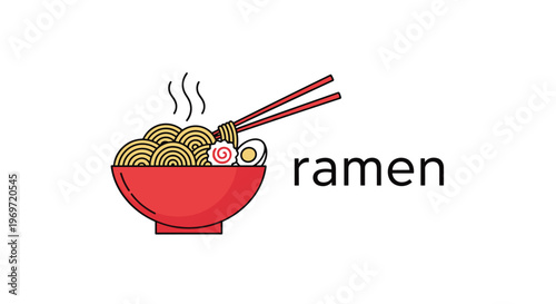Bowl of hot ramen with noodles, egg, and chopsticks with steam rising and the word ramen written in a simple font.