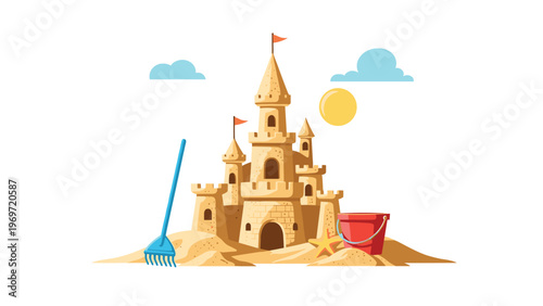 Intricate sandcastle stands tall on a sunny beach with a red bucket, blue rake, and a starfish nearby, capturing summer holiday fun.