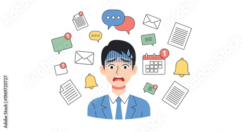 Overwhelmed Businessman Surrounded by Notifications and Tasks.