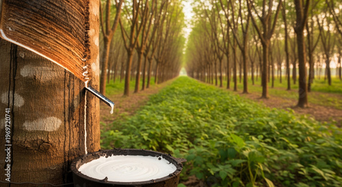 Rubber tree trunk with latex dripping into rustic bowl in plantation, natural resource harvesting and agricultural landscape