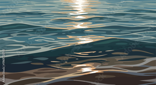 Abstract Digital Illustration of Sunlit Ocean Waves and Sandy Beach Shoreline