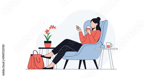 Stylish woman relaxes in a blue armchair with a drink and a cigarette next to a table with flowers and a red shopping bag.