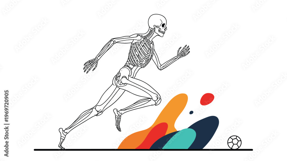Fototapeta premium Human skeleton is depicted in a dynamic running pose on a sports field near a soccer ball, showing anatomical movement in an artistic way.
