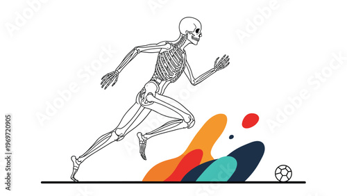 Human skeleton is depicted in a dynamic running pose on a sports field near a soccer ball, showing anatomical movement in an artistic way.