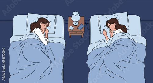 Two women sleeping separately in twin beds in a dark bedroom with a bedside table, lamp, and books at night for rest.