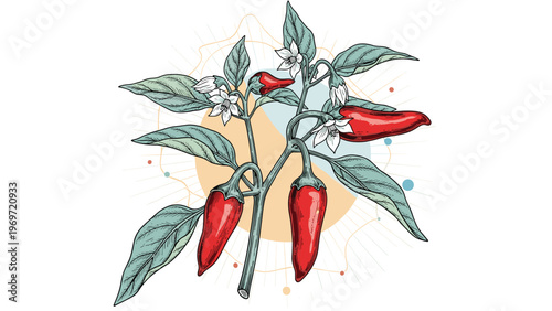 Detailed hand-drawn illustration of a vibrant red chili pepper plant featuring ripe peppers, white blossoms, and green leaves on a plain background.