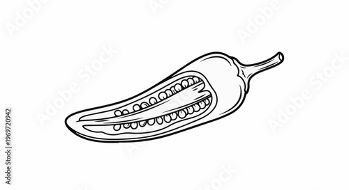 Line art illustration of a sliced chili pepper showing seeds and stem