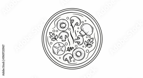 Hand-drawn black and white illustration of a mushroom and olive pizza