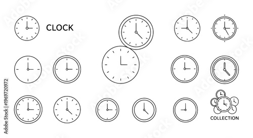 Clocks minimalist line art collection with analog faces and timepiece icons. featuring clock, time, watch with set and icon elements for graphic,