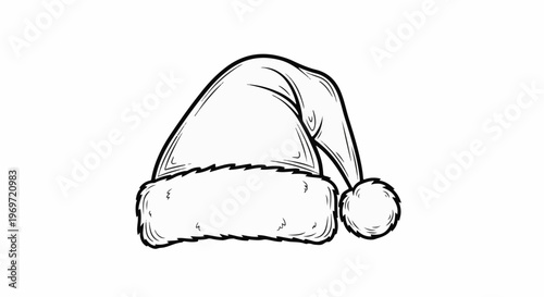 Hand-drawn black and white sketch of a festive Santa hat with a fuzzy trim
