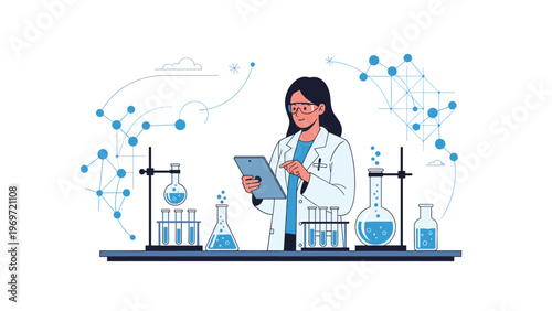 Dedicated female scientist wearing protective eyewear and a lab coat working with a tablet amidst various laboratory flasks and chemical tools.