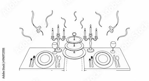 Festive table setting with candles, tiered stand, and falling confetti