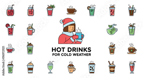 Grid of various colorful hot drink icons like coffee, tea, and hot chocolate for cold weather around a central woman figure.