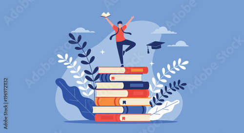 Joyful student celebrates success by standing on a large stack of books against a blue background for education goals.