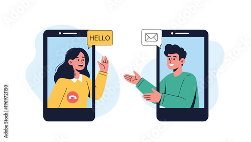 Modern communication concept showing a man and a woman engaged in a friendly video call through their smartphone screens with message icons.