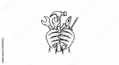 Hands grasp a variety of tools including a hammer, wrenches, pliers, and screwdriver