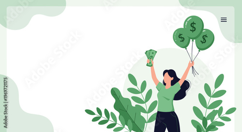 Successful woman holds dollar-sign balloons and cash in the air celebrating financial freedom and wealth accumulation.