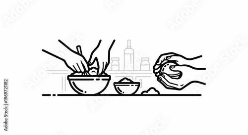 Hands mixing ingredients in bowls with bottles and jars on shelves in background