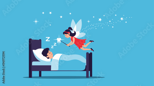 Enchanting scene of a tiny tooth fairy with wings flying over a sleeping young boy in bed, using her magic wand to collect a lost baby tooth.