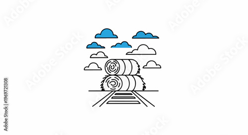 Hay bales stacked on train tracks under a cloudy sky