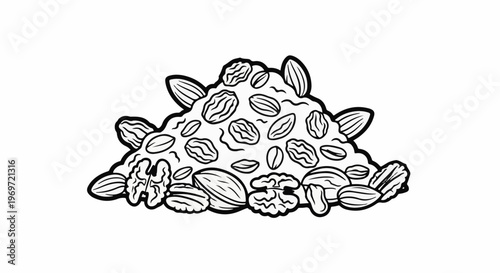 Heap of various nuts and dried fruits, black and white illustration