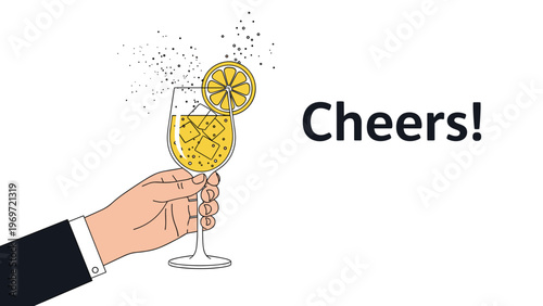 Elegant hand holding a glass of sparkling refreshing drink garnished with a lemon slice set against a celebratory backdrop with the text Cheers.