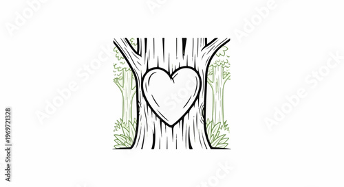 Heart carved into a tree trunk with foliage in the background