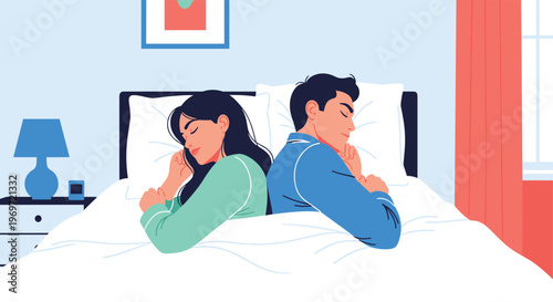 Couple in pajamas sleep back-to-back in a comfortable bed in their bedroom with a lamp and bedside table for night rest.