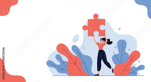 Successful business woman places the final piece of a puzzle to complete the picture of a corporate strategy and teamwork plan in a minimalist art.