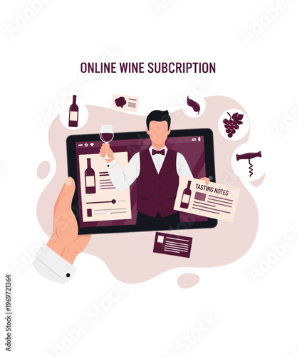 online wine subscription service flat design vector illustration with sommelier