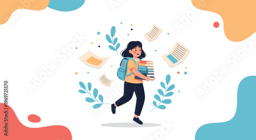 Happy school girl running with a heavy stack of books and floating papers while going to her class for a new academic year of learning and discovery.