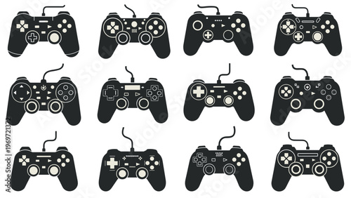 Diverse collection of twelve distinct video game controller silhouettes representing various generations and styles of gaming hardware technology.