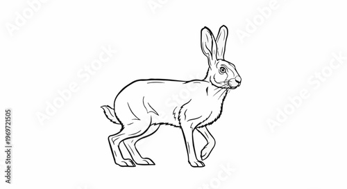 Line art of a hare with long ears walking in profile