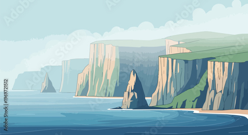 Pixel Art Coastal Cliffs Landscape with Ocean Waves and Sea Stacks