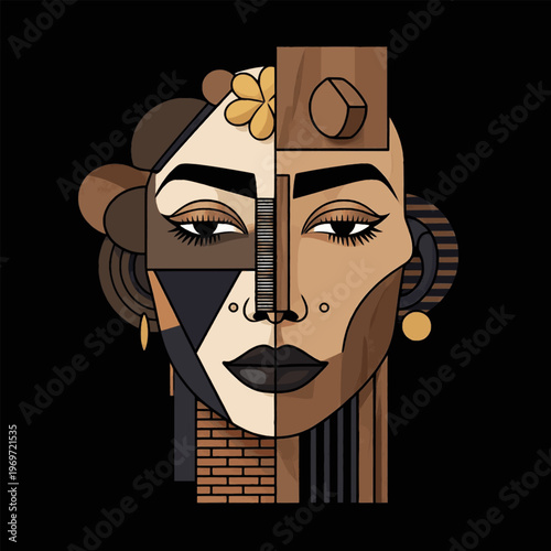 cubist female portrait black background vector illustration geometric face mocha beige taupe luxury wall art