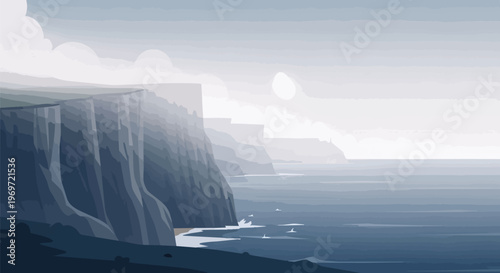 Minimalist Vector Illustration of Coastal Cliffs and Ocean Landscape