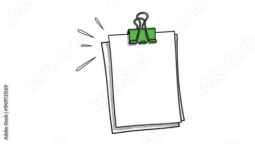 Simple office supply composition featuring two blank white sheets of paper securely held together by a vibrant green metal binder clip.